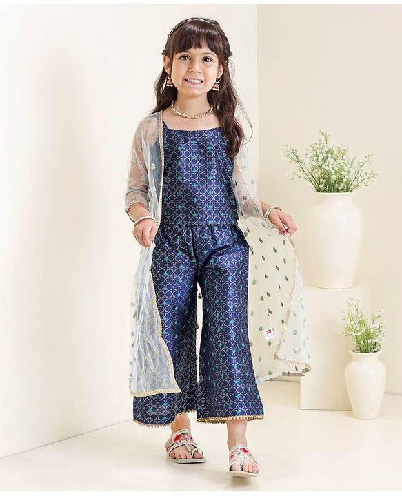 Babyhug Singlet Sleeves Top and Pant Set with Jacket Embroidery - Navy Blue