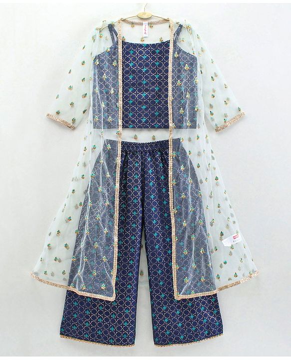 Babyhug Singlet Sleeves Top and Pant Set with Jacket Embroidery - Navy Blue