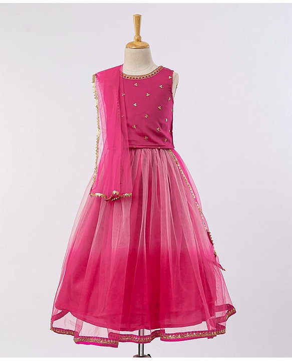 Babyhug Sequined Sleeveless Choli and Lehenga Set with Lace Border Dupatta - Fuschia