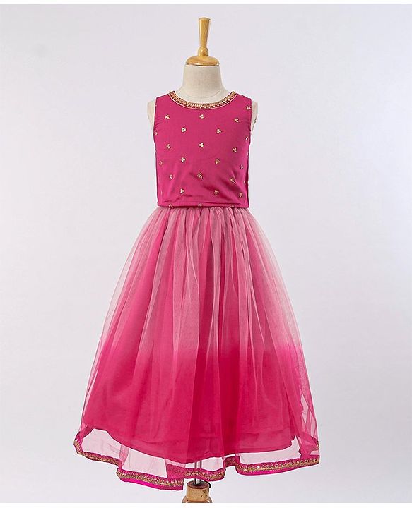 Babyhug Sequined Sleeveless Choli and Lehenga Set with Lace Border Dupatta - Fuschia
