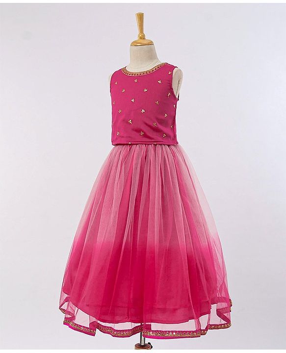 Babyhug Sequined Sleeveless Choli and Lehenga Set with Lace Border Dupatta - Fuschia