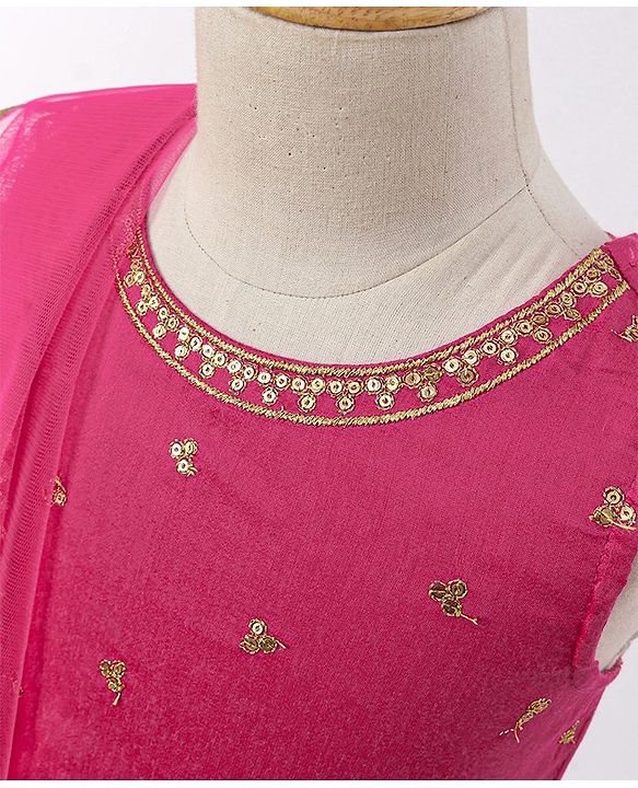 Babyhug Sequined Sleeveless Choli and Lehenga Set with Lace Border Dupatta - Fuschia