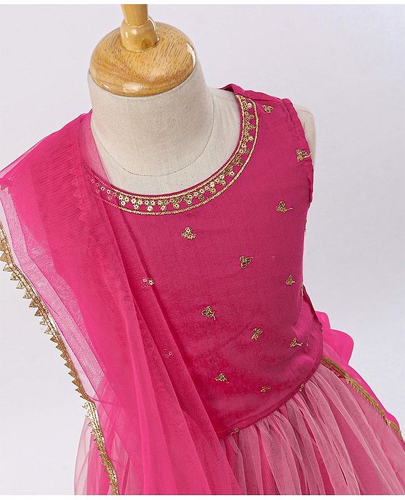 Babyhug Sequined Sleeveless Choli and Lehenga Set with Lace Border Dupatta - Fuschia