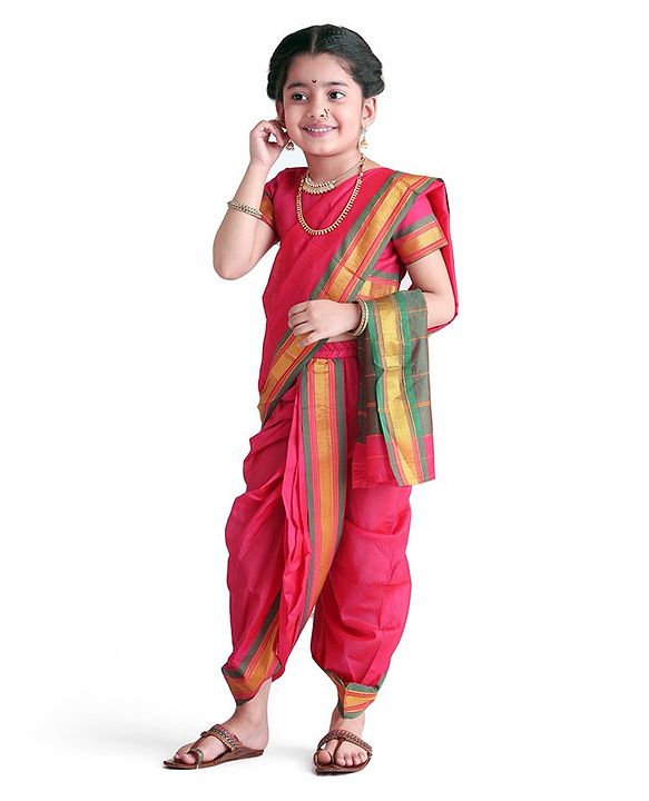 Babyhug Half Sleeves Blouse And Zari Bordered Nauvari Saree - Pink