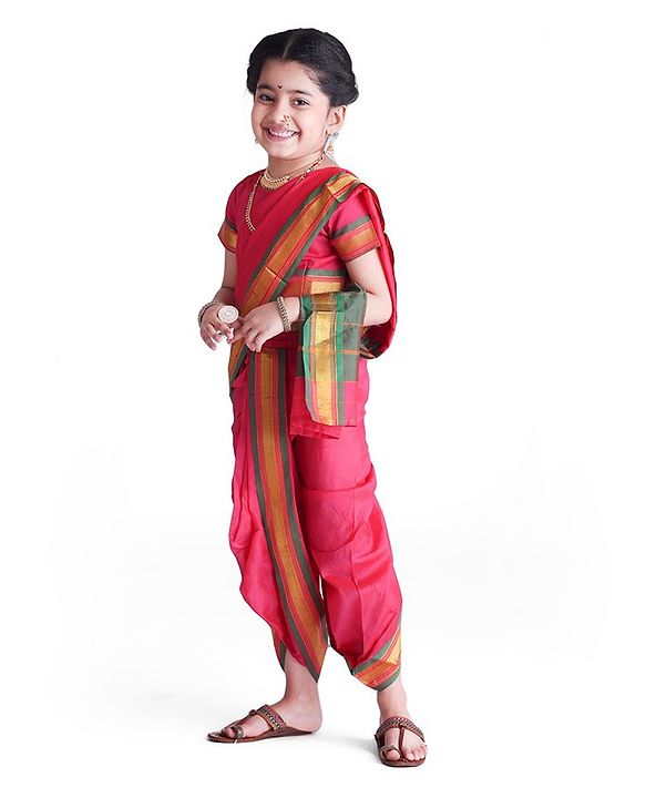 Babyhug Half Sleeves Blouse And Zari Bordered Nauvari Saree - Pink