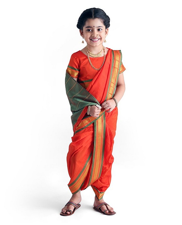 Babyhug Half Sleeves Blouse And Zari Bordered Nauvari Saree - Orange
