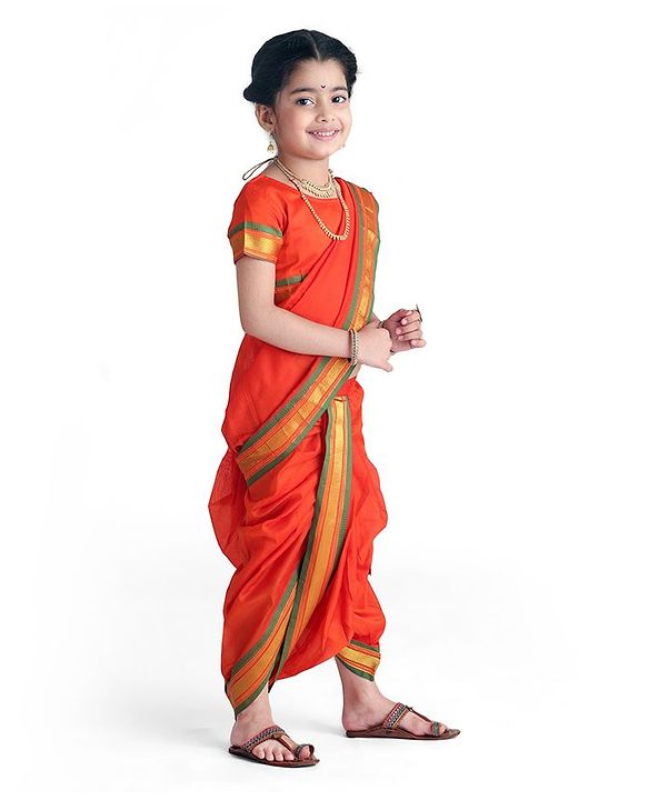 Babyhug Half Sleeves Blouse And Zari Bordered Nauvari Saree - Orange