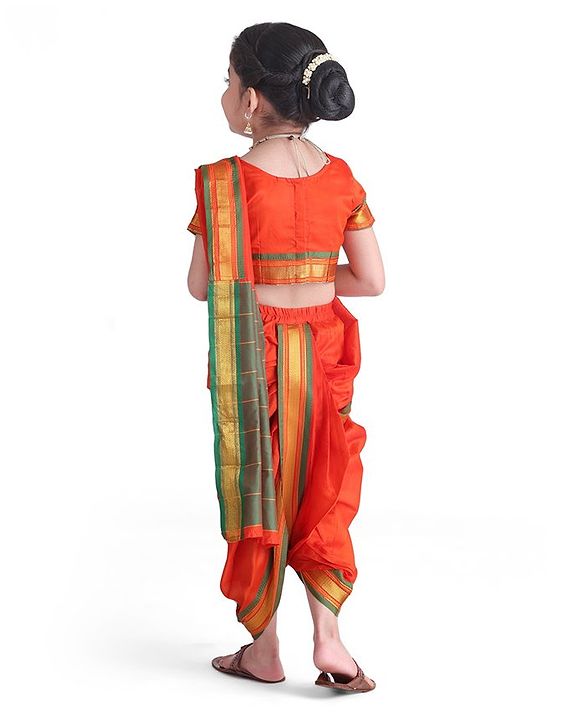 Babyhug Half Sleeves Blouse And Zari Bordered Nauvari Saree - Orange
