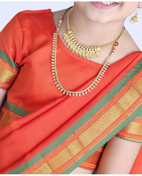 Babyhug Half Sleeves Blouse And Zari Bordered Nauvari Saree - Orange