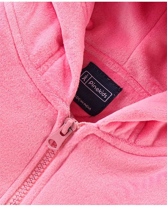 Pine Kids Full Sleeves Velour Set with Hoodie and Trouser - Pink