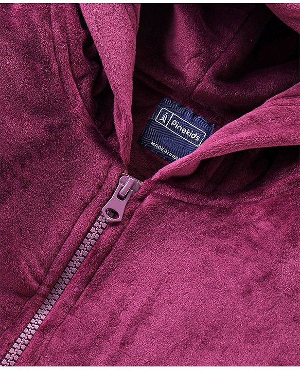 Pine Kids Full Sleeves Velour Set with Hoodie and Trouser - Purple