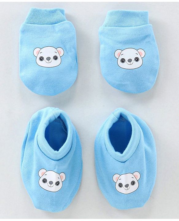 Babyhug 100% Cotton Cap Mittens & Booties Set - Blue