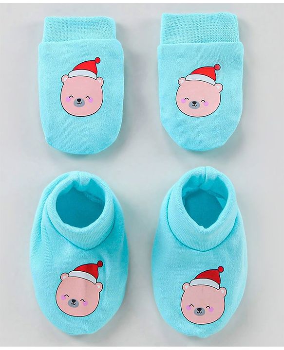 Babyhug 100% Cotton Mittens & Booties Set Cartoon Print - Blue