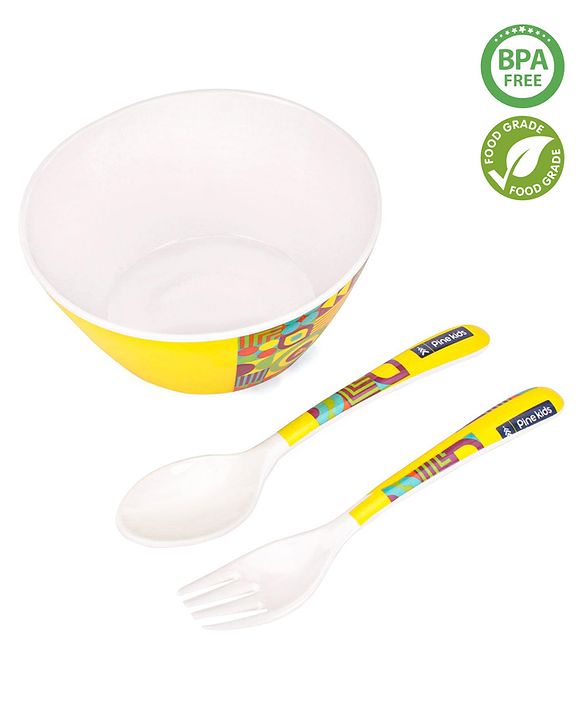 Pine Kids Melamine Bowl With Fork And Spoon Yellow - Pack Of 3