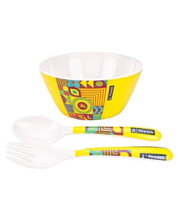 Pine Kids Melamine Bowl With Fork And Spoon Yellow - Pack Of 3