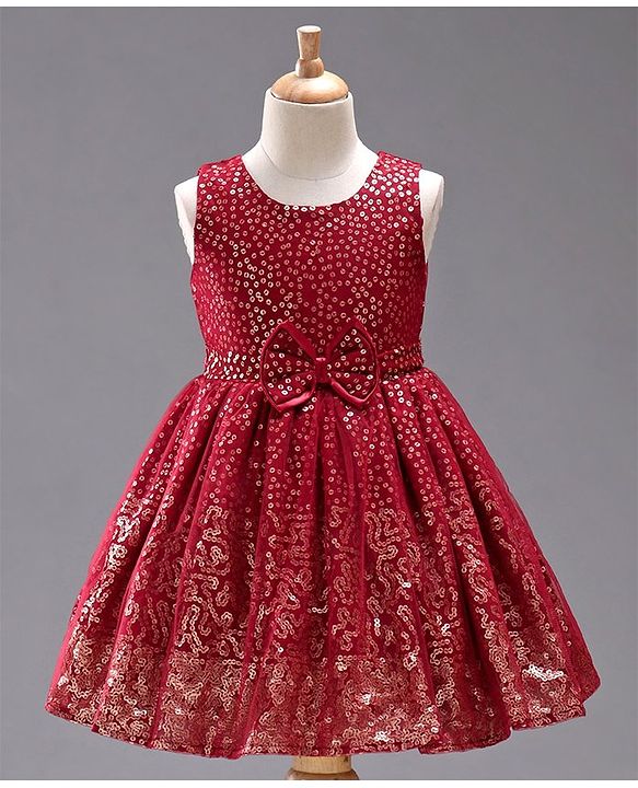 Babyhug Sleeveless Sequined Party Frock with Bow - Red