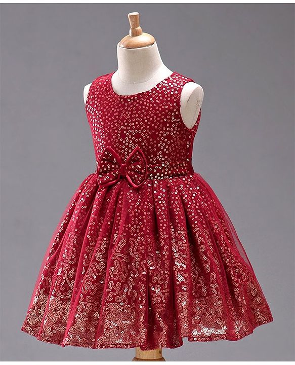 Babyhug Sleeveless Sequined Party Frock with Bow - Red