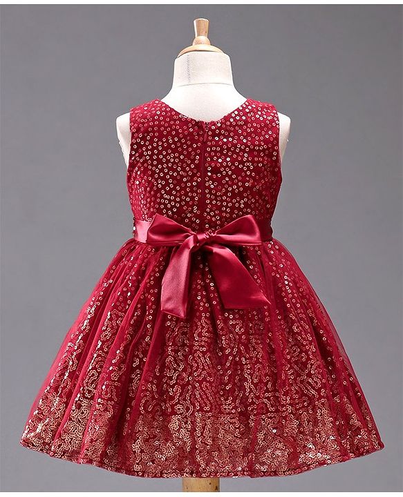 Babyhug Sleeveless Sequined Party Frock with Bow - Red