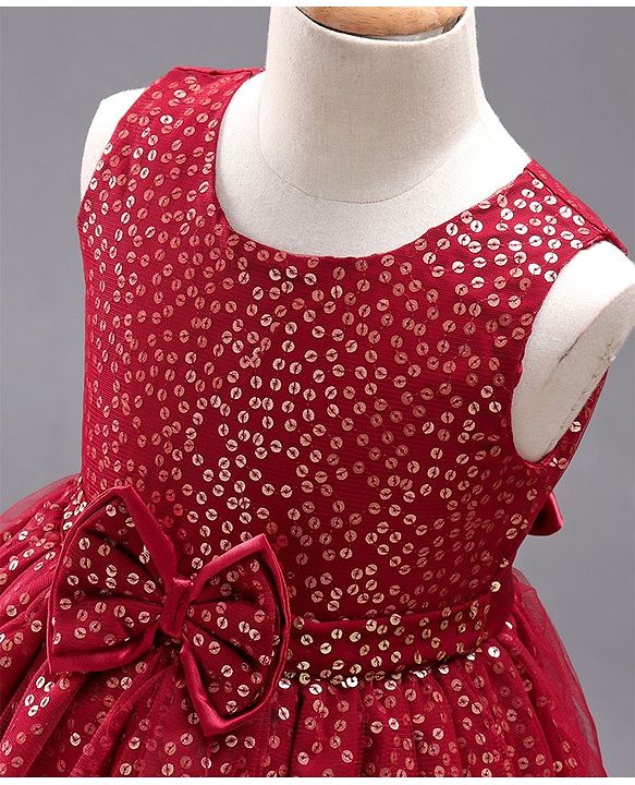 Babyhug Sleeveless Sequined Party Frock with Bow - Red