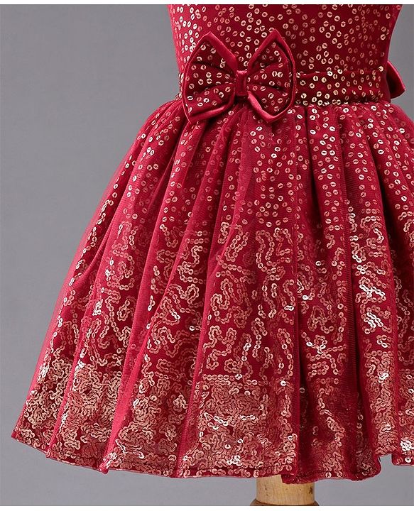 Babyhug Sleeveless Sequined Party Frock with Bow - Red