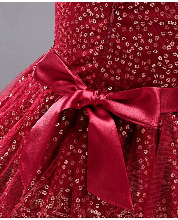 Babyhug Sleeveless Sequined Party Frock with Bow - Red