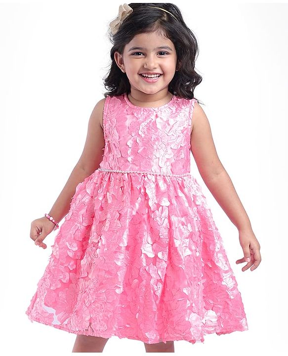 Babyhug Sleeveless 3D Flowers with Pearl and Bow Waist Belt - Pink