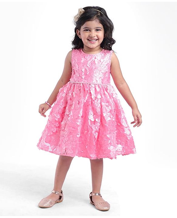 Babyhug Sleeveless 3D Flowers with Pearl and Bow Waist Belt - Pink