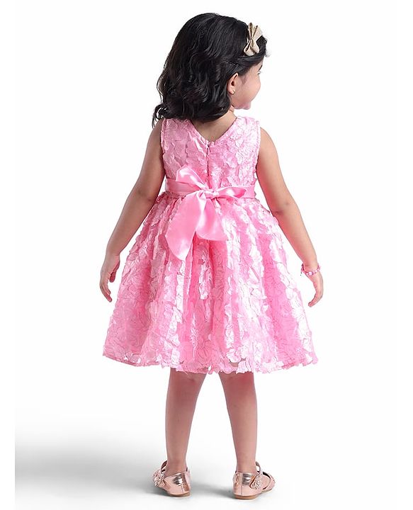 Babyhug Sleeveless 3D Flowers with Pearl and Bow Waist Belt - Pink