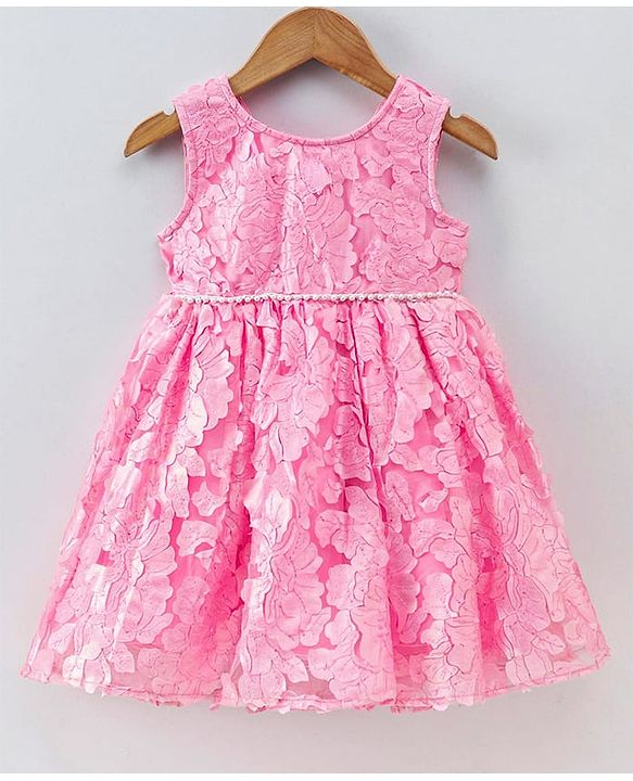 Babyhug Sleeveless 3D Flowers with Pearl and Bow Waist Belt - Pink