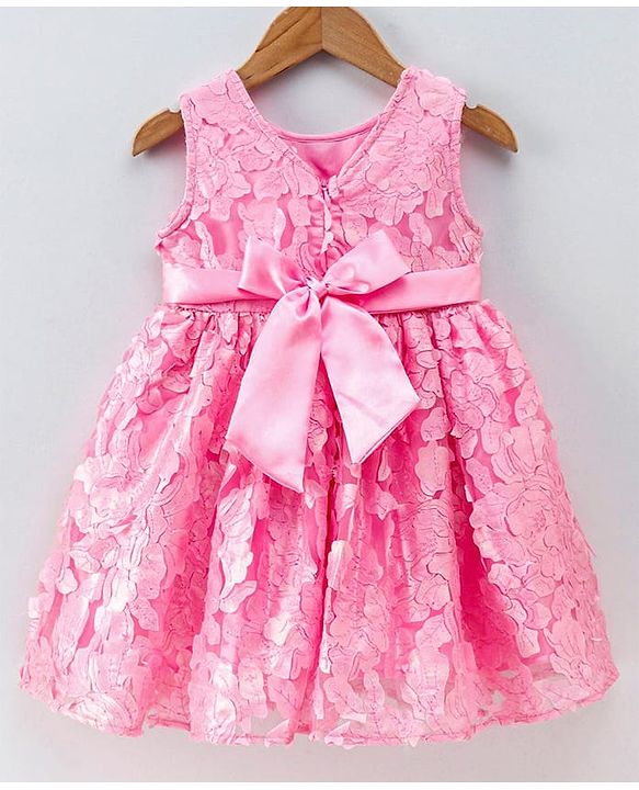 Babyhug Sleeveless 3D Flowers with Pearl and Bow Waist Belt - Pink