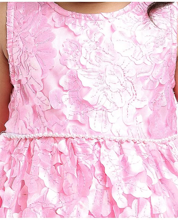 Babyhug Sleeveless 3D Flowers with Pearl and Bow Waist Belt - Pink