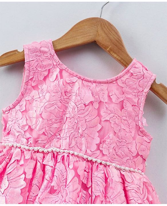 Babyhug Sleeveless 3D Flowers with Pearl and Bow Waist Belt - Pink