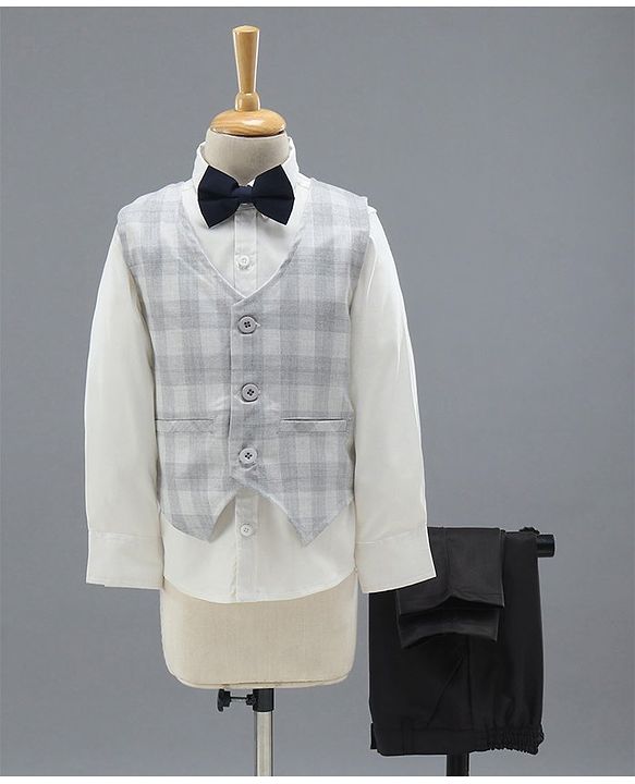 Babyhug Full Sleeves Checks Party Wear Suit with Waistcoat & Bow - Grey Dark Brown