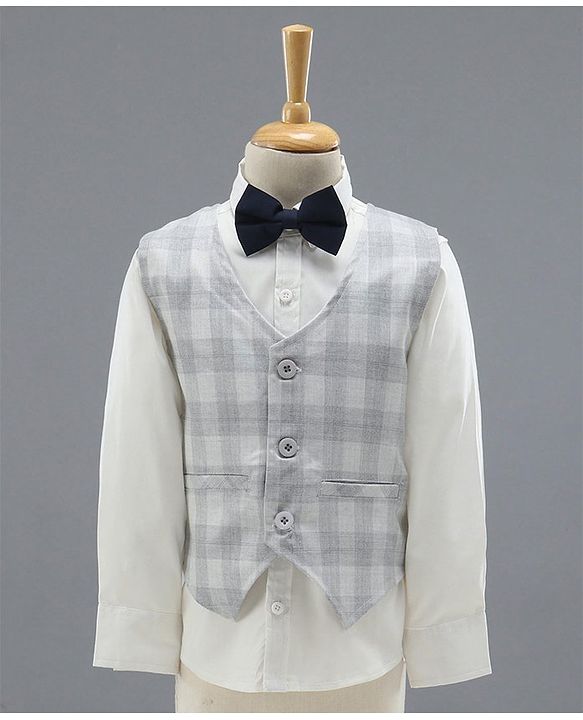Babyhug Full Sleeves Checks Party Wear Suit with Waistcoat & Bow - Grey Dark Brown