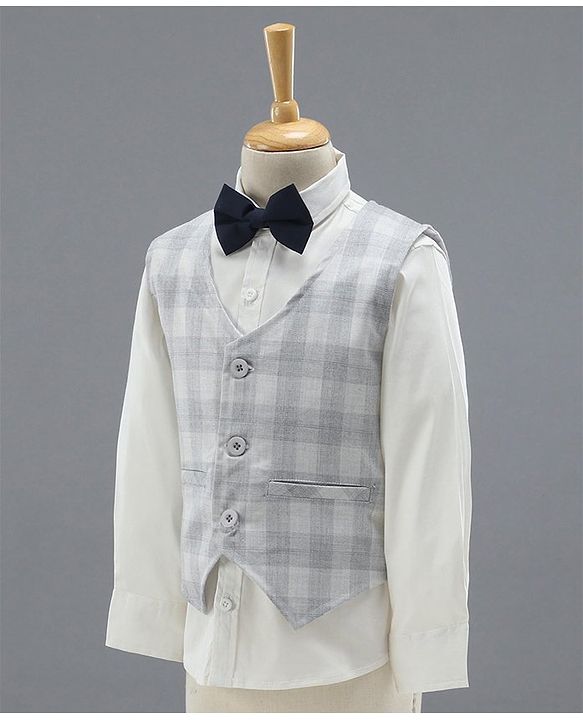 Babyhug Full Sleeves Checks Party Wear Suit with Waistcoat & Bow - Grey Dark Brown