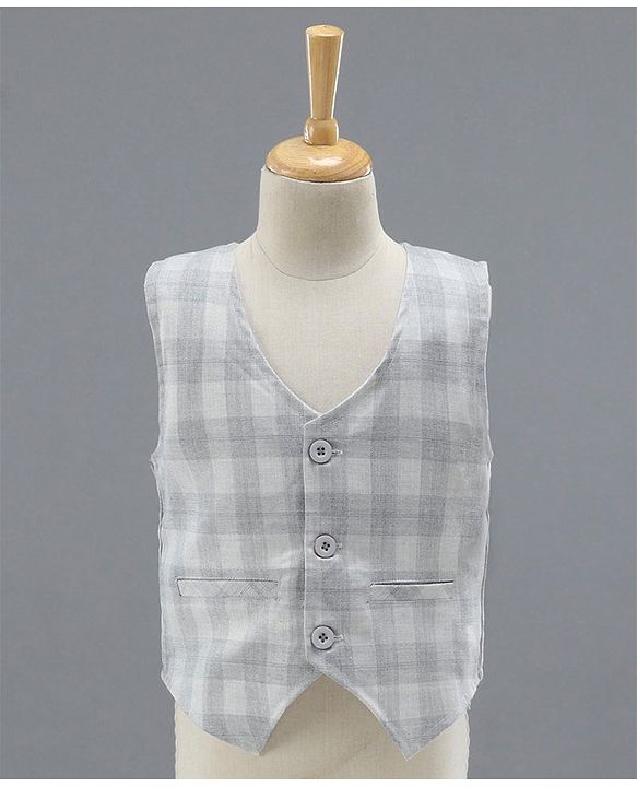 Babyhug Full Sleeves Checks Party Wear Suit with Waistcoat & Bow - Grey Dark Brown