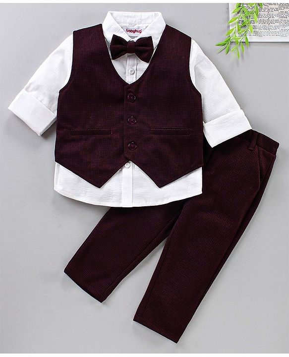 Babyhug 3 Piece Full Sleeves Party Suit With Bow - Maroon White