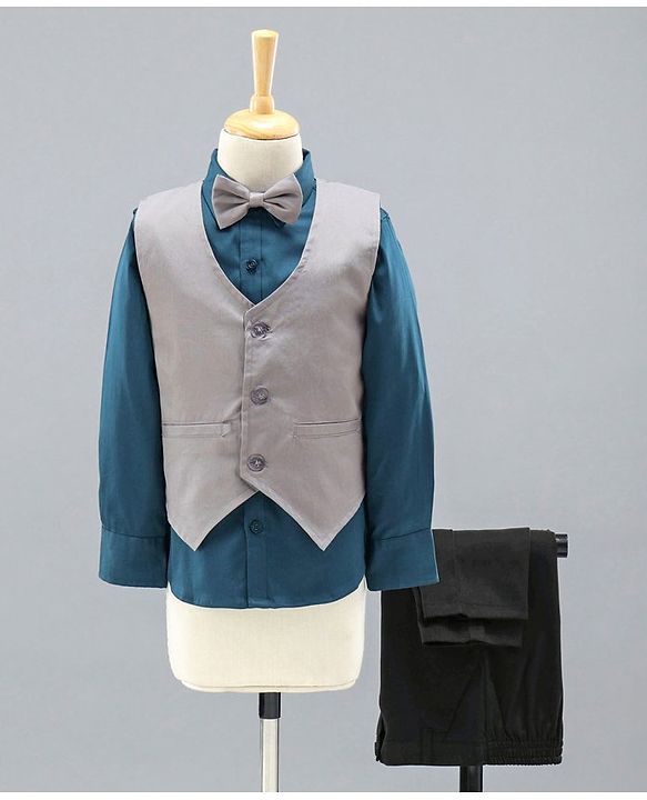 Babyhug Full Sleeves Party Suit with Bow Solid - Grey