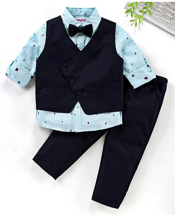 Babyhug 3 Piece Full Sleeves Party Suit With Bow - Light & Navy Blue