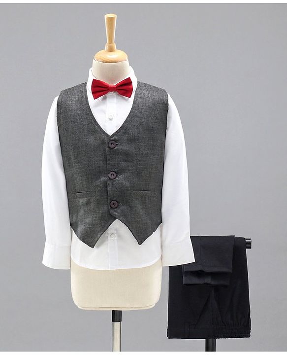 Babyhug 3 Piece Full Sleeves Party Suit With Bow - Grey White