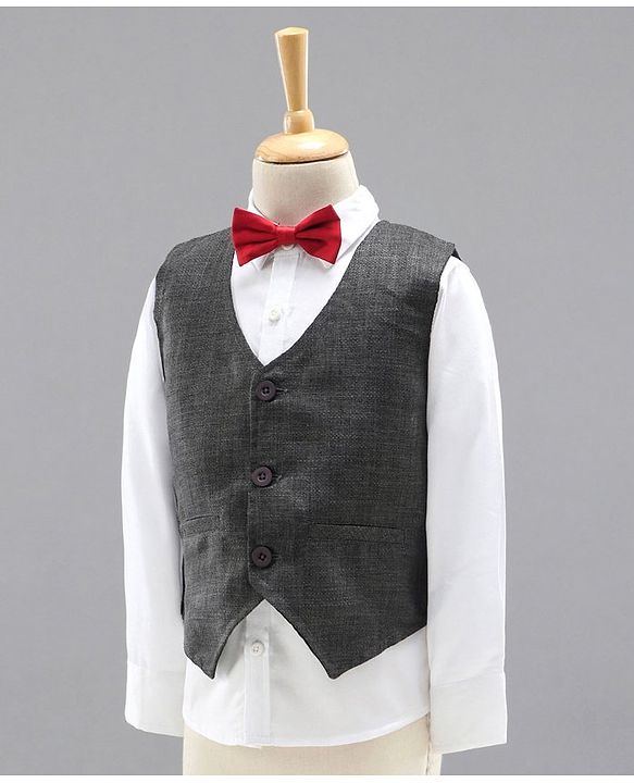 Babyhug 3 Piece Full Sleeves Party Suit With Bow - Grey White