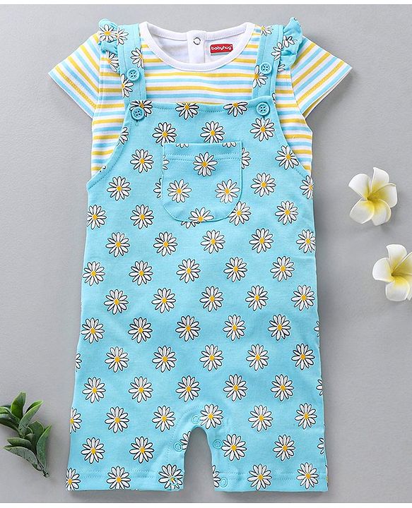 Babyhug Dungaree and Cap Sleeves Tee Set Floral Print - Blue