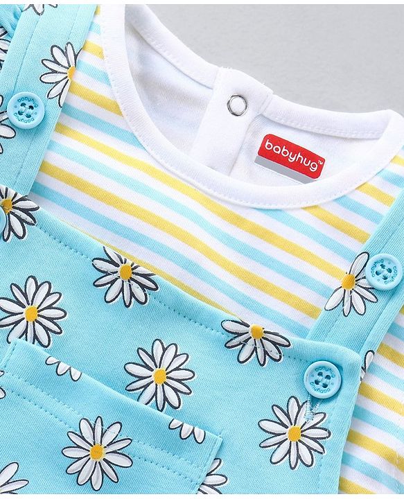 Babyhug Dungaree and Cap Sleeves Tee Set Floral Print - Blue
