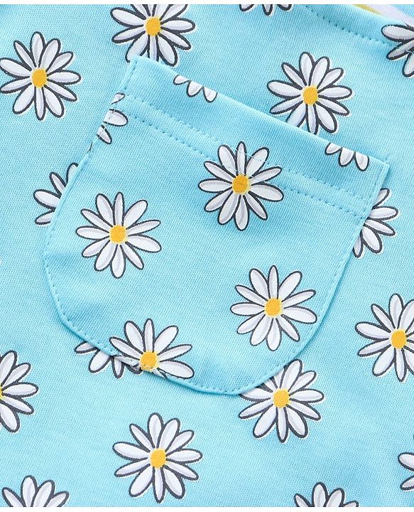 Babyhug Dungaree and Cap Sleeves Tee Set Floral Print - Blue