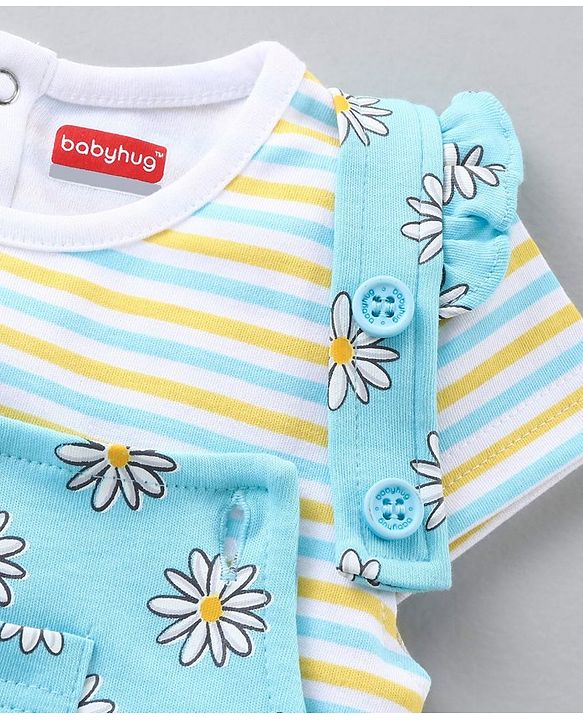 Babyhug Dungaree and Cap Sleeves Tee Set Floral Print - Blue