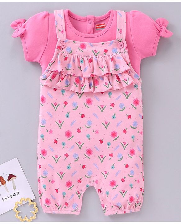 Babyhug Short Sleeves T-Shirt With Dungaree Floral Print - Pink