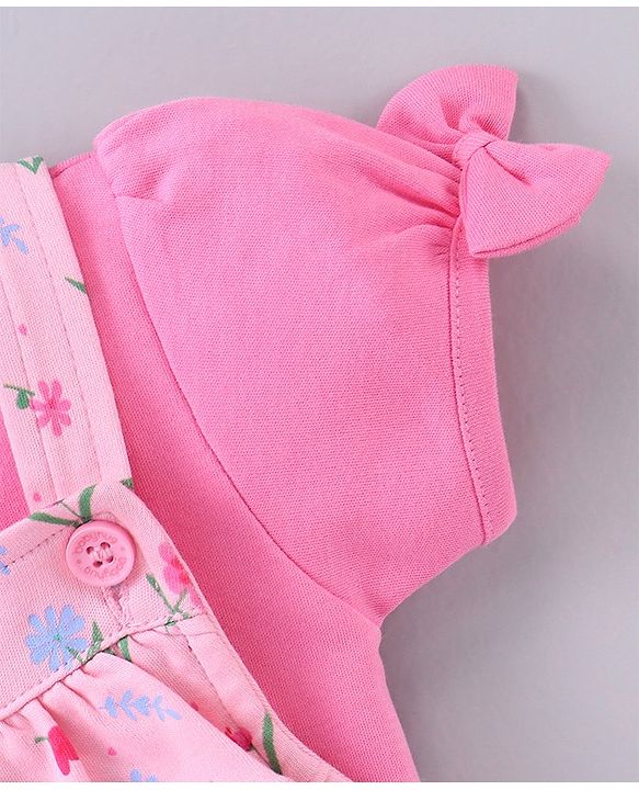 Babyhug Short Sleeves T-Shirt With Dungaree Floral Print - Pink