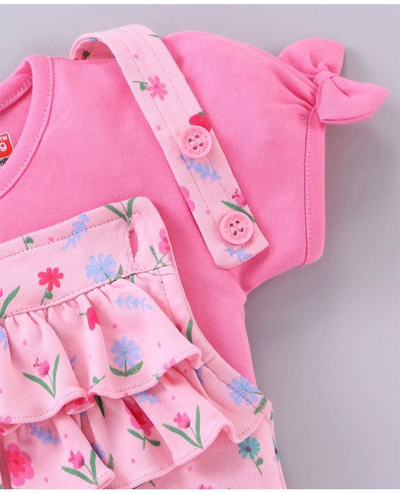 Babyhug Short Sleeves T-Shirt With Dungaree Floral Print - Pink