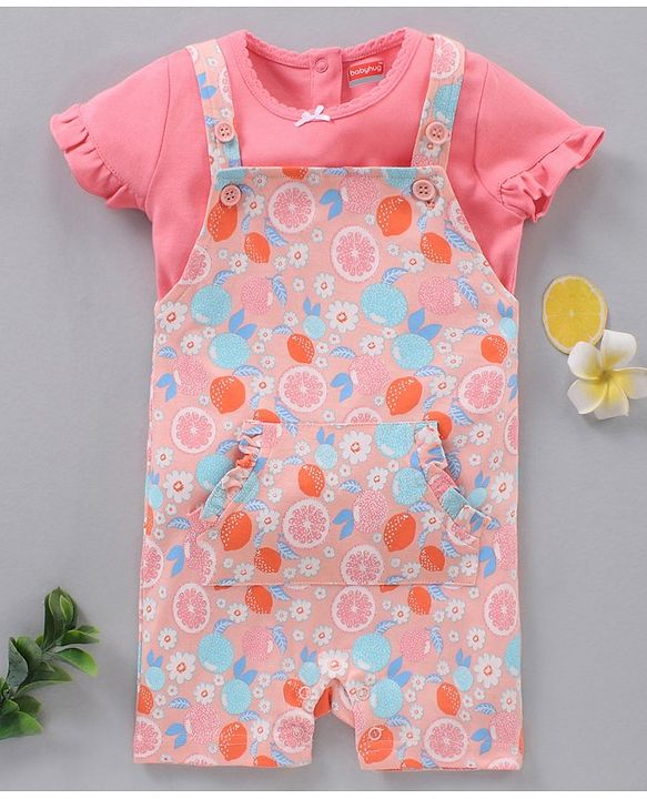 Babyhug Cap Sleeves Cotton Tee With Dungaree Lemon Print- Pink