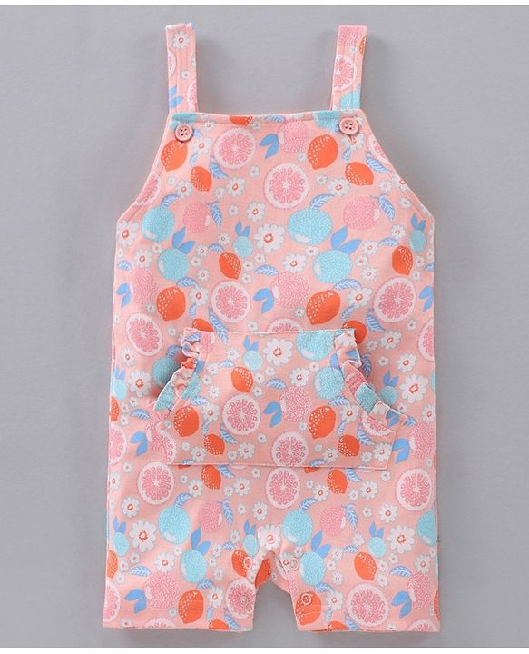Babyhug Cap Sleeves Cotton Tee With Dungaree Lemon Print- Pink